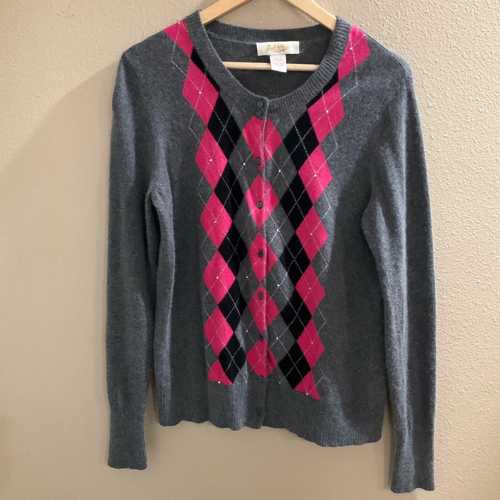 Peck & Peck Collection Womens small medium Cashmere Silk Pink argyle cardigan